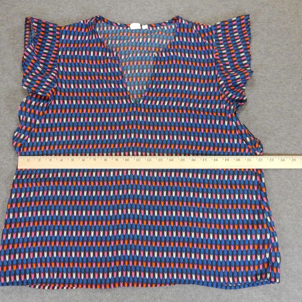 Gap Womens Shirt Large Blue Pink VNeck Flowy Geometric Lightweight Ruffle Sleeve - Picture 2 of 8